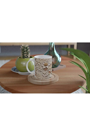 Pudra Detaylı Zarif Kabartmalı Çiçek Kupa Bardak