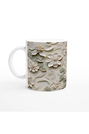 Krem ve Yeşil Rölyef Çiçek Desenli Kupa Bardak