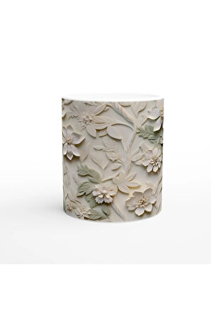 Krem ve Yeşil Rölyef Çiçek Desenli Kupa Bardak
