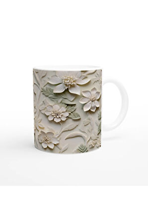 Krem ve Yeşil Rölyef Çiçek Desenli Kupa Bardak