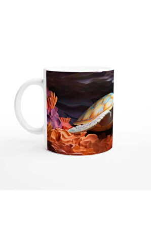 Renkli Mercanlar Arasında Yüzen Deniz Kaplumbağası Su Altı Temalı Kupa Bardak