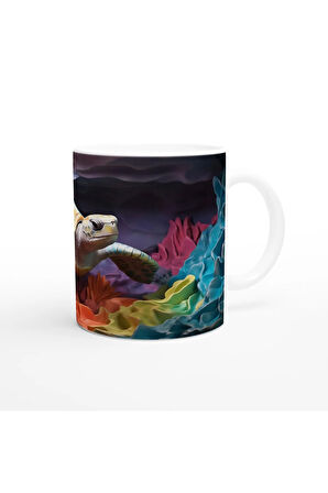 Renkli Mercanlar Arasında Yüzen Deniz Kaplumbağası Su Altı Temalı Kupa Bardak