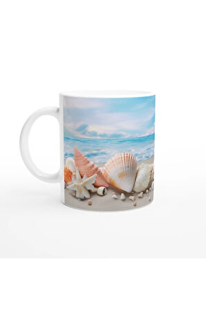 Sakin Dalga Manzarası ve Deniz Kabukları Su Altı Temalı Kupa Bardak