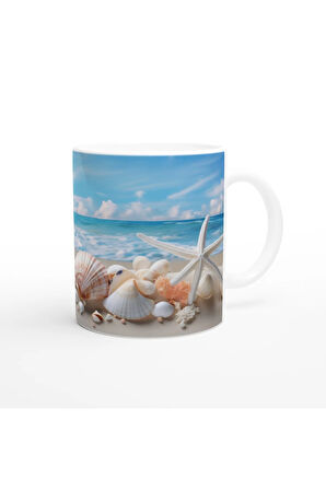 Sakin Dalga Manzarası ve Deniz Kabukları Su Altı Temalı Kupa Bardak