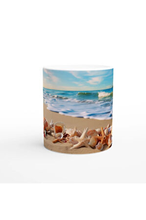 Kumsalda Renkli Kabuklar ve Yıldızlar Su Altı Temalı Kupa Bardak