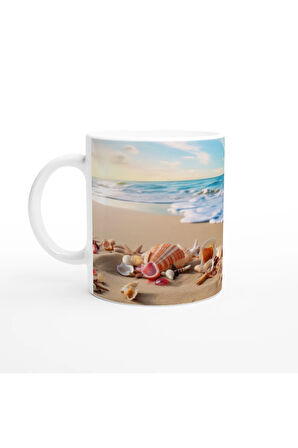 Kumsalda Renkli Kabuklar ve Yıldızlar Su Altı Temalı Kupa Bardak