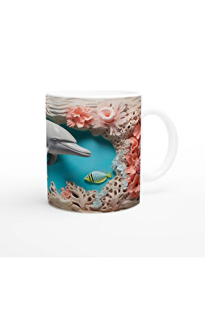 Mercan Bahçesinde Yüzen Neşeli Yunus Temalı Kupa Bardak