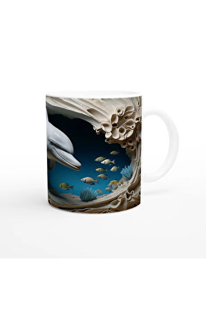 Mavi Mercanlar ve Çizgili Balıklarla Yunus Desenli Su Altı Temalı Kupa Bardak