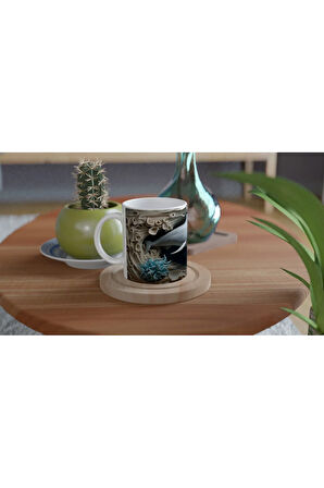 Mavi Mercanlar ve Çizgili Balıklarla Yunus Desenli Su Altı Temalı Kupa Bardak