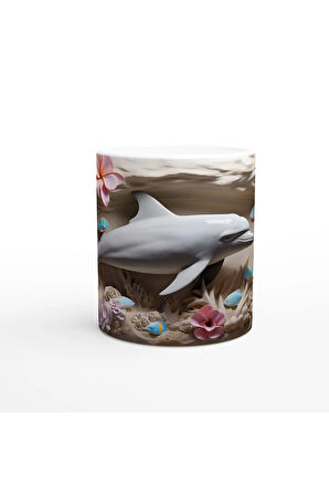 Pastel Tonlarda Çiçekler ve Yunus Desenli Su Altı Temalı Kupa Bardak