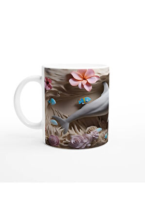 Pastel Tonlarda Çiçekler ve Yunus Desenli Su Altı Temalı Kupa Bardak