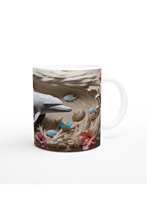 Pastel Tonlarda Çiçekler ve Yunus Desenli Su Altı Temalı Kupa Bardak