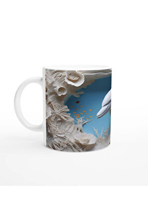 Mercan Ormanında Yüzen Yunus Temalı Su Altı Kupa Bardak