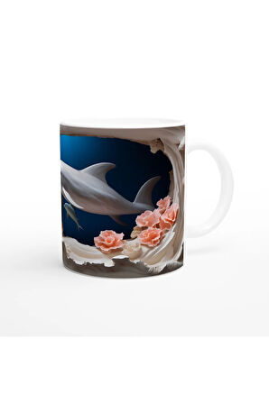 Anne ve Yavru Yunus Desenli Su Altı Temalı Kupa Bardak