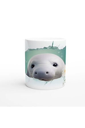 Sevimli Fok ve Çiçek Detaylı Su Altı Temalı Kupa Bardak