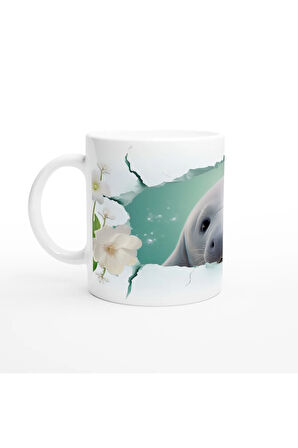 Sevimli Fok ve Çiçek Detaylı Su Altı Temalı Kupa Bardak