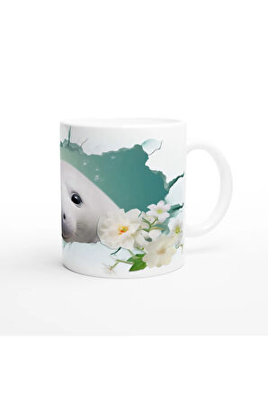 Sevimli Fok ve Çiçek Detaylı Su Altı Temalı Kupa Bardak