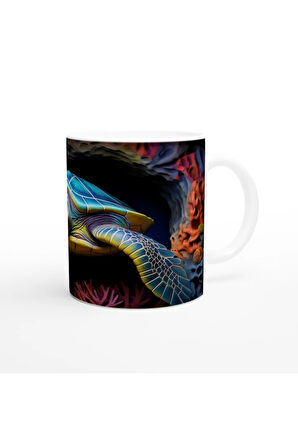 Renkli Kayalıklar Arasında Yüzen Deniz Kaplumbağası Kupa Bardak