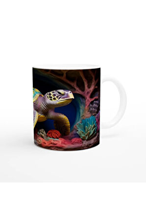 Çiçek Mercanlar ve Mavi Mağarada Deniz Kaplumbağası Kupa Bardak