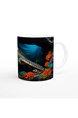 Deniz Kaplumbağası ve Mercan Resifli Su Altı Temalı Kupa Bardak