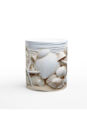 Beyaz Deniz Kabukları ve Deniz Yıldızlı Su Altı Temalı Kupa Bardak