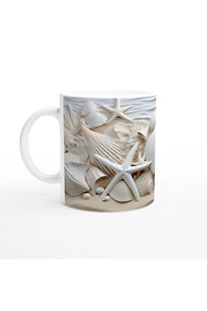 Beyaz Deniz Kabukları ve Deniz Yıldızlı Su Altı Temalı Kupa Bardak