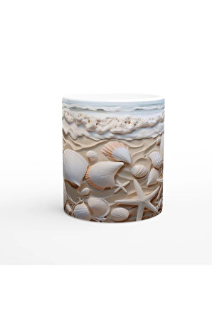 Kumsalda Kabuk ve Deniz Yıldızlarıyla Süslenmiş Su Altı Temalı Kupa Bardak