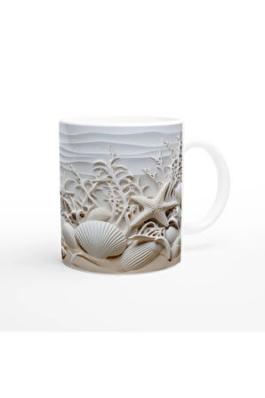 Mercan Dalgaları ve Beyaz Kabuklu Su Altı Temalı Kupa Bardak