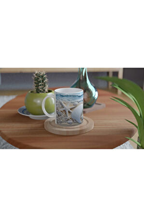 Köpüklü Dalga Kıyısında Deniz Yıldızlı Su Altı Temalı Kupa Bardak