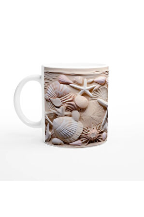 Kum Beji ve Pudra Tonlarında Deniz Kabuğu Desenli Su Altı Temalı Kupa Bardak
