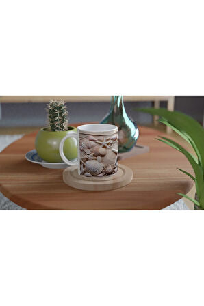 Kum Beji ve Pudra Tonlarında Deniz Kabuğu Desenli Su Altı Temalı Kupa Bardak