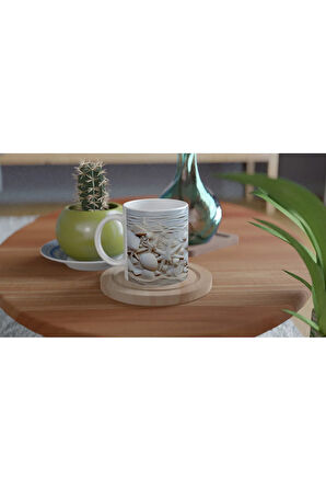 Kum Dalgaları ve Deniz Kabuğu Detaylı Su Altı Temalı Kupa Bardak