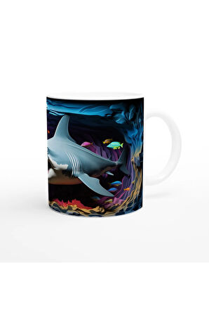 Renkli Mercan Kayalıklarında Köpekbalığı Temalı Kupa Bardak