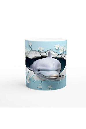 Gülen Yunus ve Çiçeklerle Delinen Duvar Su Altı Temalı Kupa Bardak