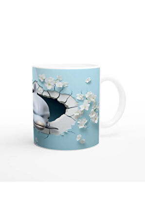 Gülen Yunus ve Çiçeklerle Delinen Duvar Su Altı Temalı Kupa Bardak