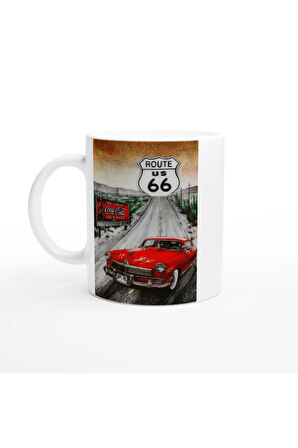 Route 66 Kırmızı Klasik Araba ve Coca Cola Temalı Kupa Bardak