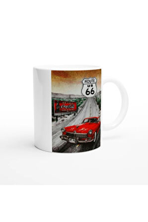 Route 66 Kırmızı Klasik Araba ve Coca Cola Temalı Kupa Bardak