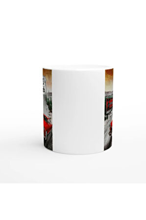 Route 66 Kırmızı Klasik Araba ve Coca Cola Temalı Kupa Bardak