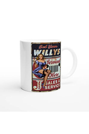 Willys Jeep Pin-Up Servis Temalı Retro Kupa