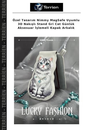 Özel Tasarım Nimmy MagSafe Uyumlu 3D Nakışlı Stand Gri Cat Günlük Aksesuar İşlemeli Kapak Arkalık