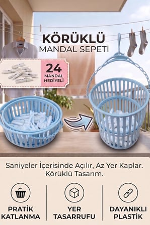 Plico Körüklü Mandal Sepeti Katlanabilir Çamaşır Mandalı Sepeti Askılı 24 Mandal Hediyeli