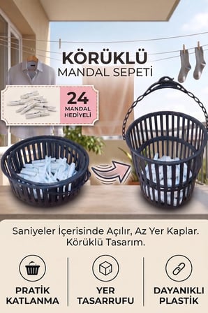 Plico Körüklü Mandal Sepeti Katlanabilir Çamaşır Mandalı Sepeti Askılı 24 Mandal Hediyeli