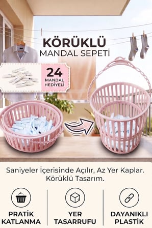 Plico Körüklü Mandal Sepeti Katlanabilir Çamaşır Mandalı Sepeti Askılı 24 Mandal Hediyeli