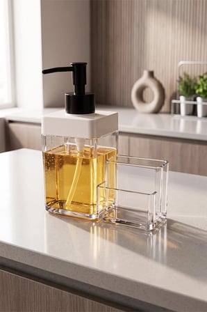 Akris 2 Bölmeli Akrilik Deterjanlık Sıvı Sabunluk Süngerlik Fırçalık Mutfak Tezgah Üstü Organizer 500 ml