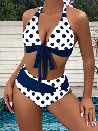 AKR&STORE Kadın Leopar Desenli Kurdela Yamaçlı Yüksek Bel Mayo Dalgıç Bikini Takım