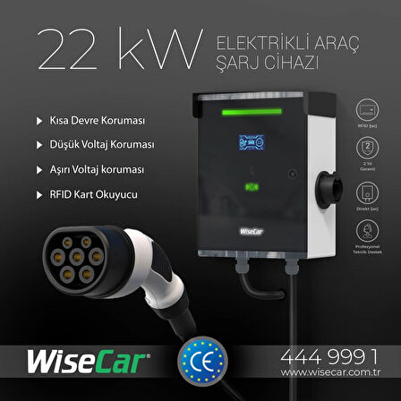 WiseCar WT3 Smart Kartlı 22 KW Duvar Tipi Elektrikli Araç Şarj İstasyonu