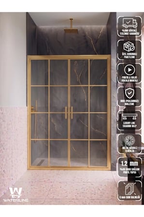 Ön Cephe 2 Sabit 2 Kayar Gold Profil Karolaj Desen 5 mm Temperli Cam H190 cm