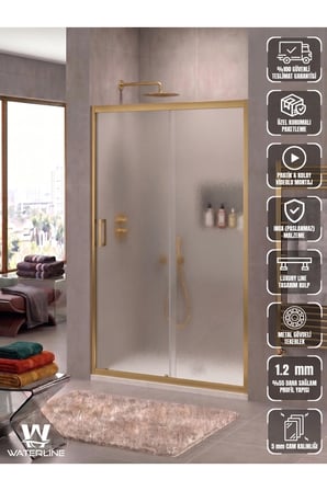 Ön cephe 1 Sabit 1 Kayar Gold Profil Buzlu 5 mm Temperli Cam H190 cm