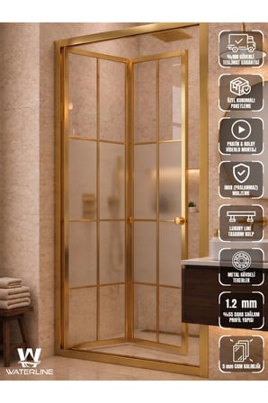 Ön Cephe Katlanır Akordiyon Kapı Gold Profil Karolaj Desen Ortası Buzlu 4mm Temperli Cam H190