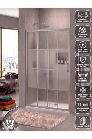 Ön Cephe 1 Sabit 1 Kayar Krom Profil Karolaj Desen Ortası Buzlu 5 mm Temperli Cam H190 cm